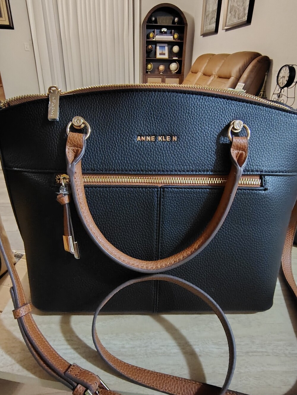 Anne Klein Black Pebbled Leather Shoulder Bag with Brown Trim